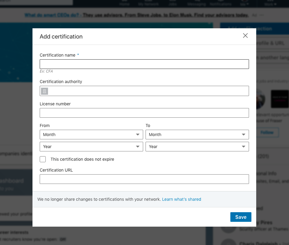 Certification form LinkedIn